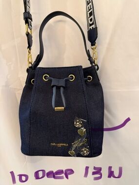 Karl Lagerfeld Dark Navy Denim Drawstring Crossbody with Gold Accents